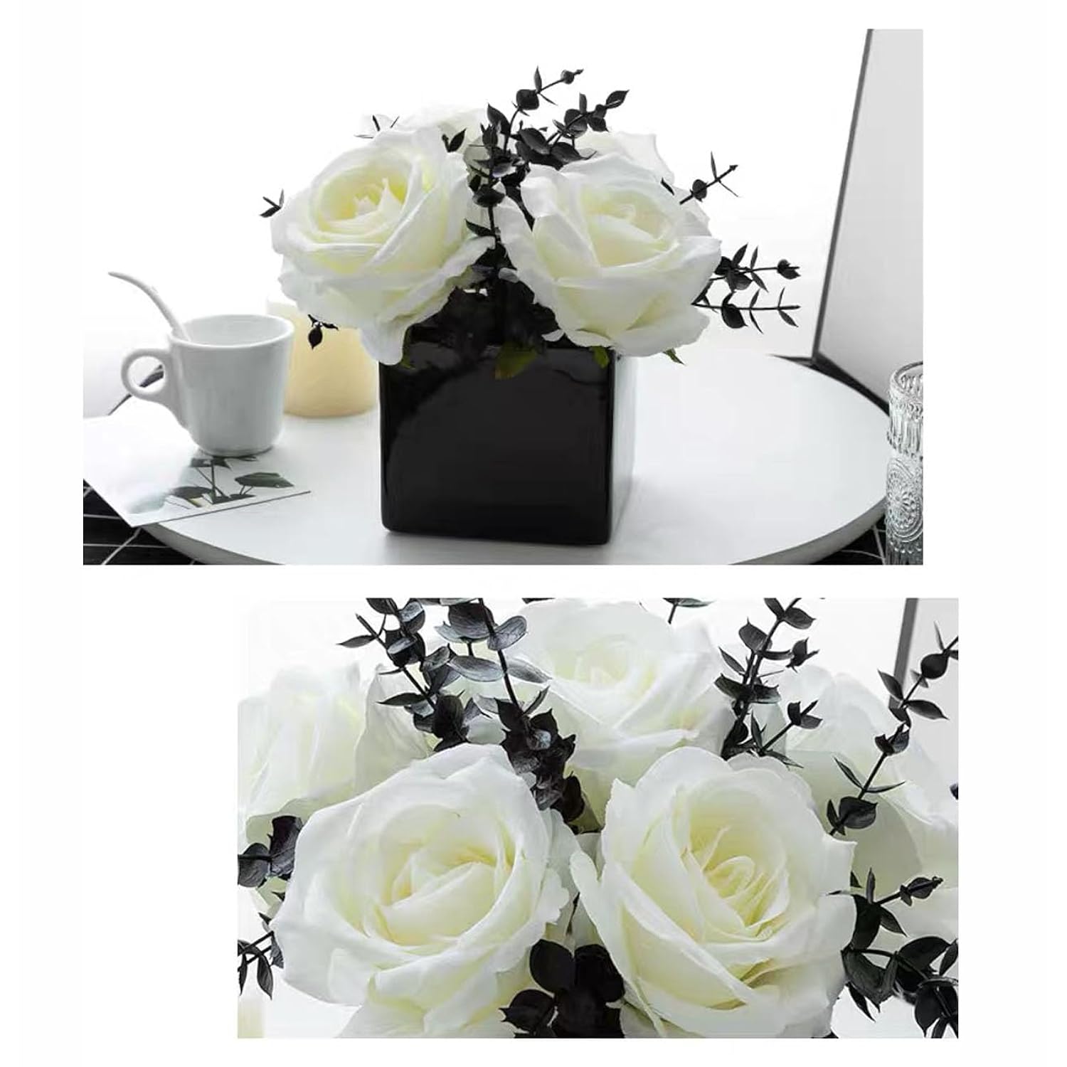 Artificial Flowers With Small Ceramic Vases, Roses In Vases Plastic Artificial Flowers And Plants,Used For Home Office Wedding Decoration, Table Decoration(White+Black)