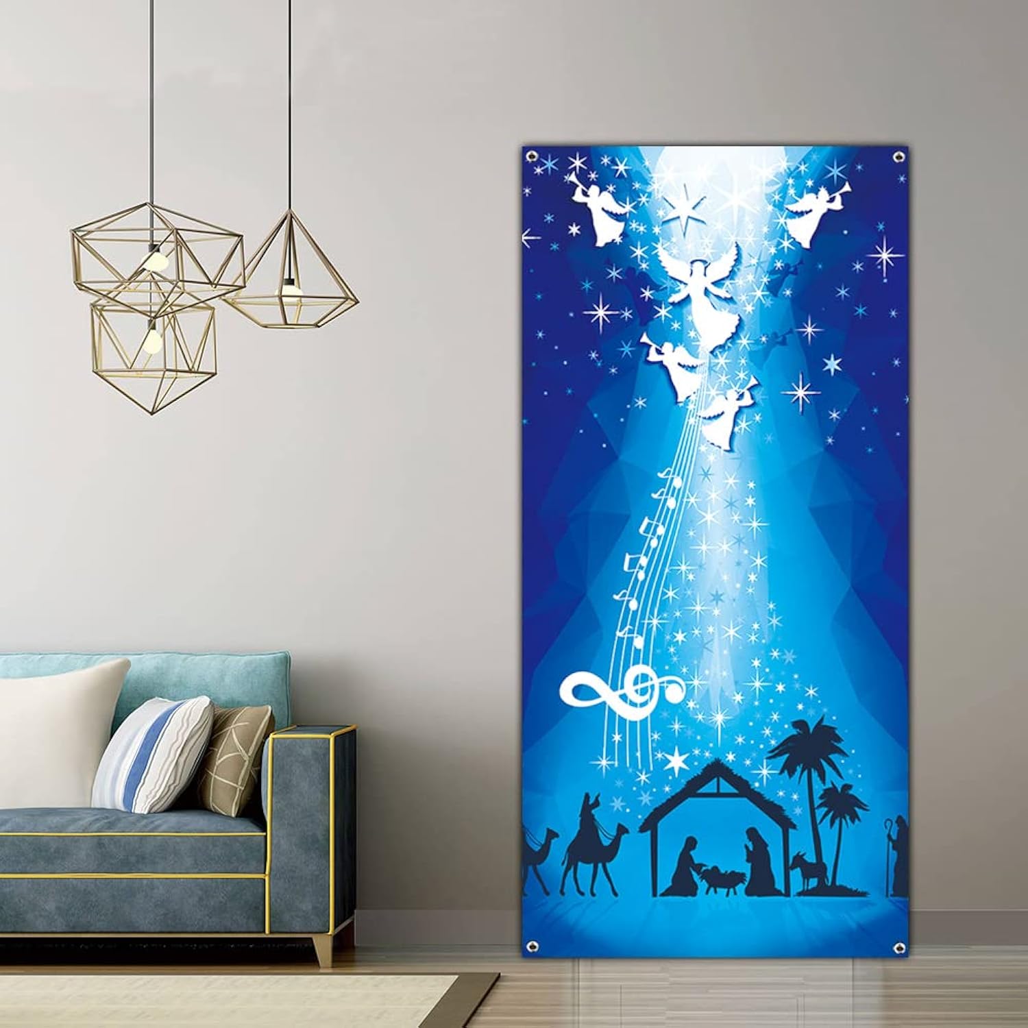 Birth Of Jesus Door Cover Christmas Night Manger Nativity Scene Door Banner Large Religious Christmas Backdrop Decoration Manger Scene Religious Blue Banner Jesus Nativity Backdrop 6.6 X 3.0 Ft