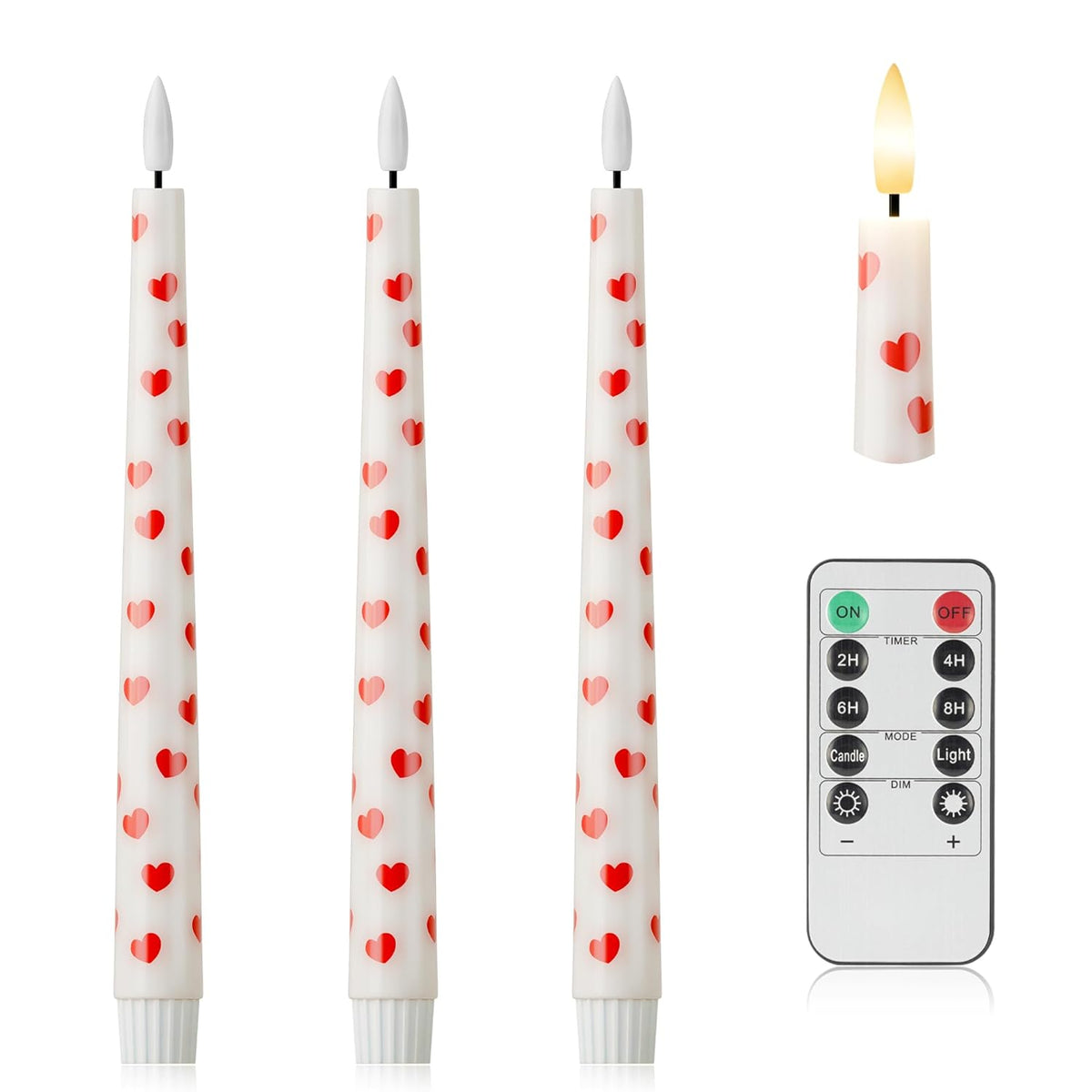 Valentine Day Flameless Taper Candles With Heart, 9.6" Real Wax Led Candles With Remote, 3 Pack Flickering Battery Operated Candlesticks For Proposal Wedding Anniversary Romantic Night