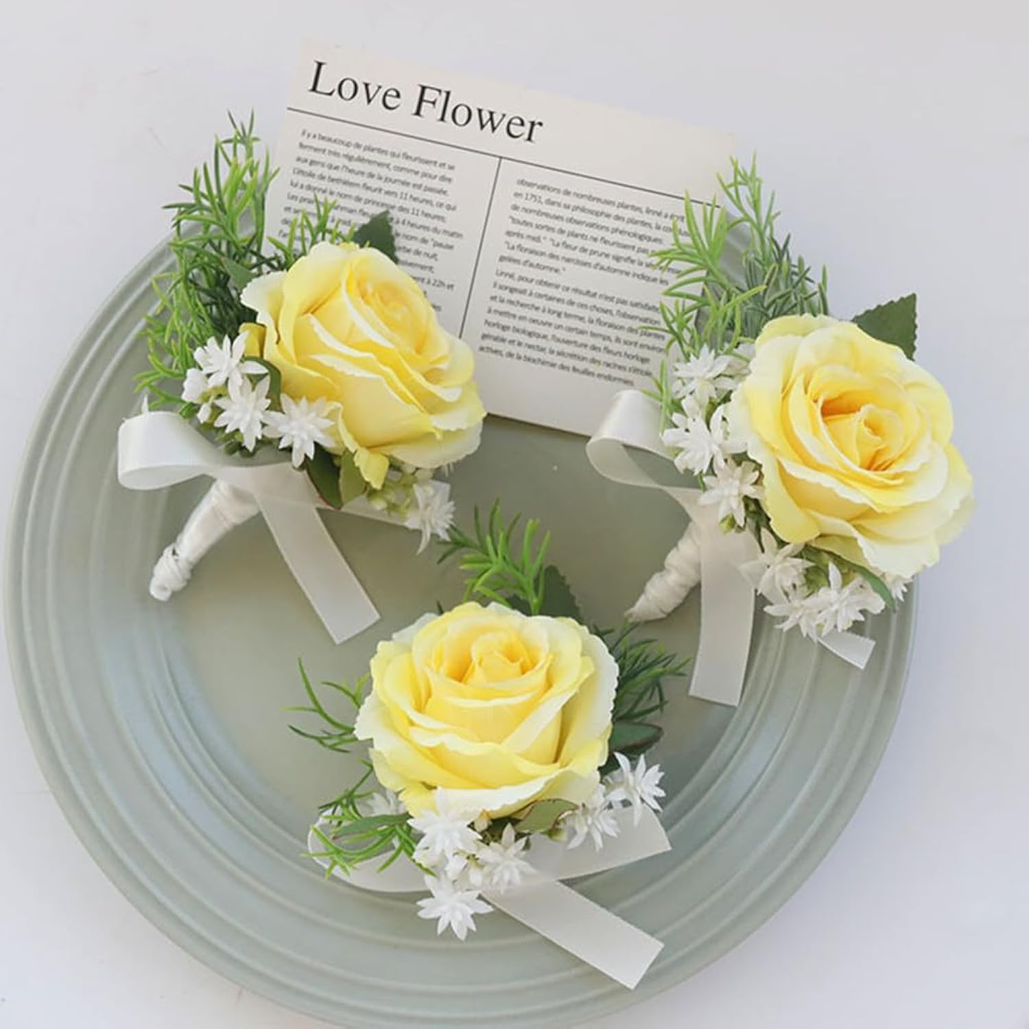 Corsage And Boutonniere Set, Handmade Artificial Peony Rose Wrist Corsage Wristlet And Groom Boutonniere For Men Wedding Prom Suit Decorations (Yellow)
