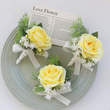 Corsage And Boutonniere Set, Handmade Artificial Peony Rose Wrist Corsage Wristlet And Groom Boutonniere For Men Wedding Prom Suit Decorations (Yellow)