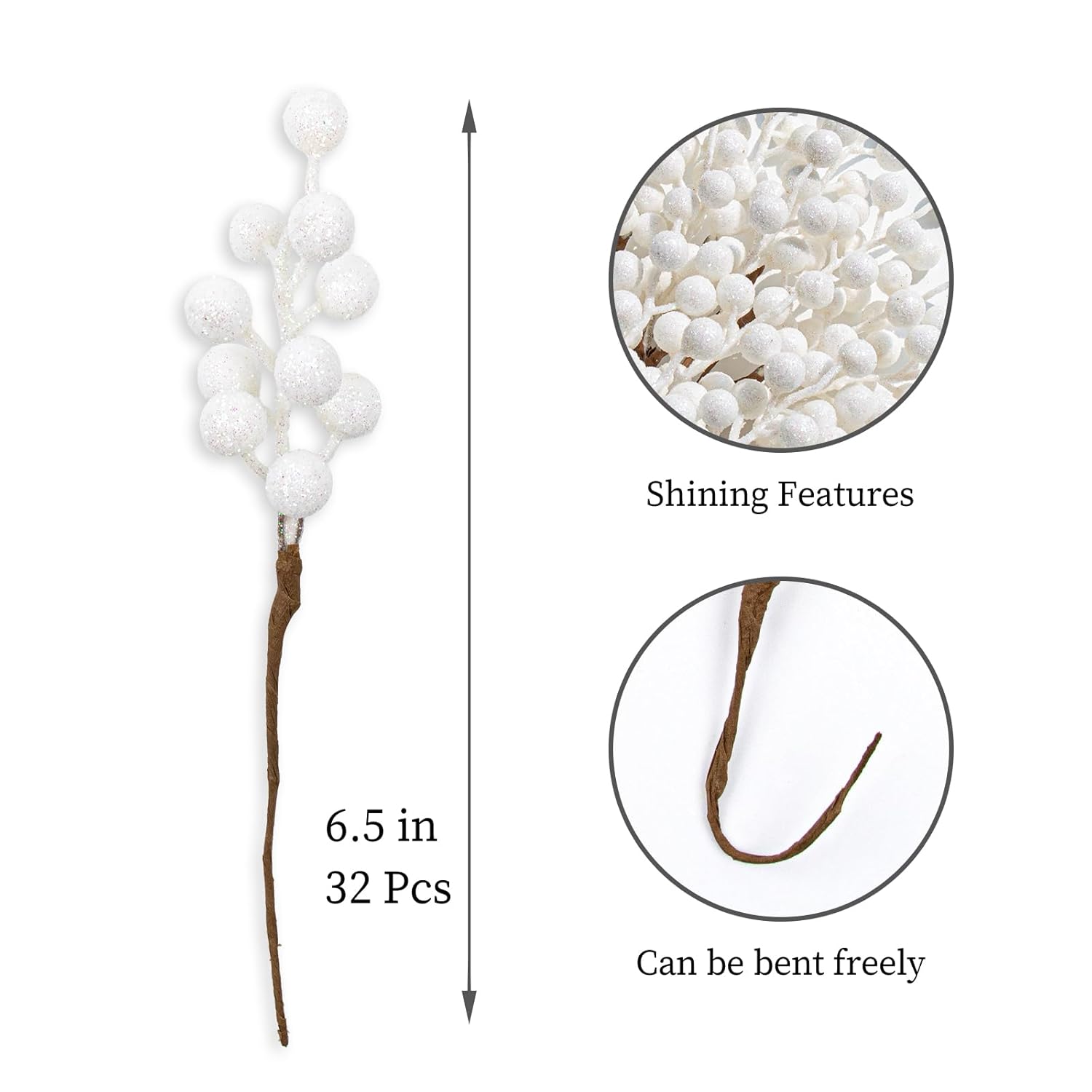 32 Pack Glitter Christmas Picks 6.5 Inch Christmas Berry Stems White Artificial Berry Stems For Holiday Xmas Tree Home Decorations