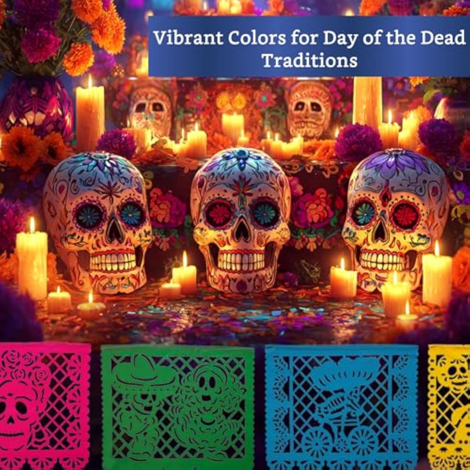 Mexican Party Banners (5 Pack - 10 Plastic Flag Designs Per Banner) - Papel Picado Dia De Los Muertos Decorations For Altar - Day Of The Dead Banners - Day Of Dead Decor