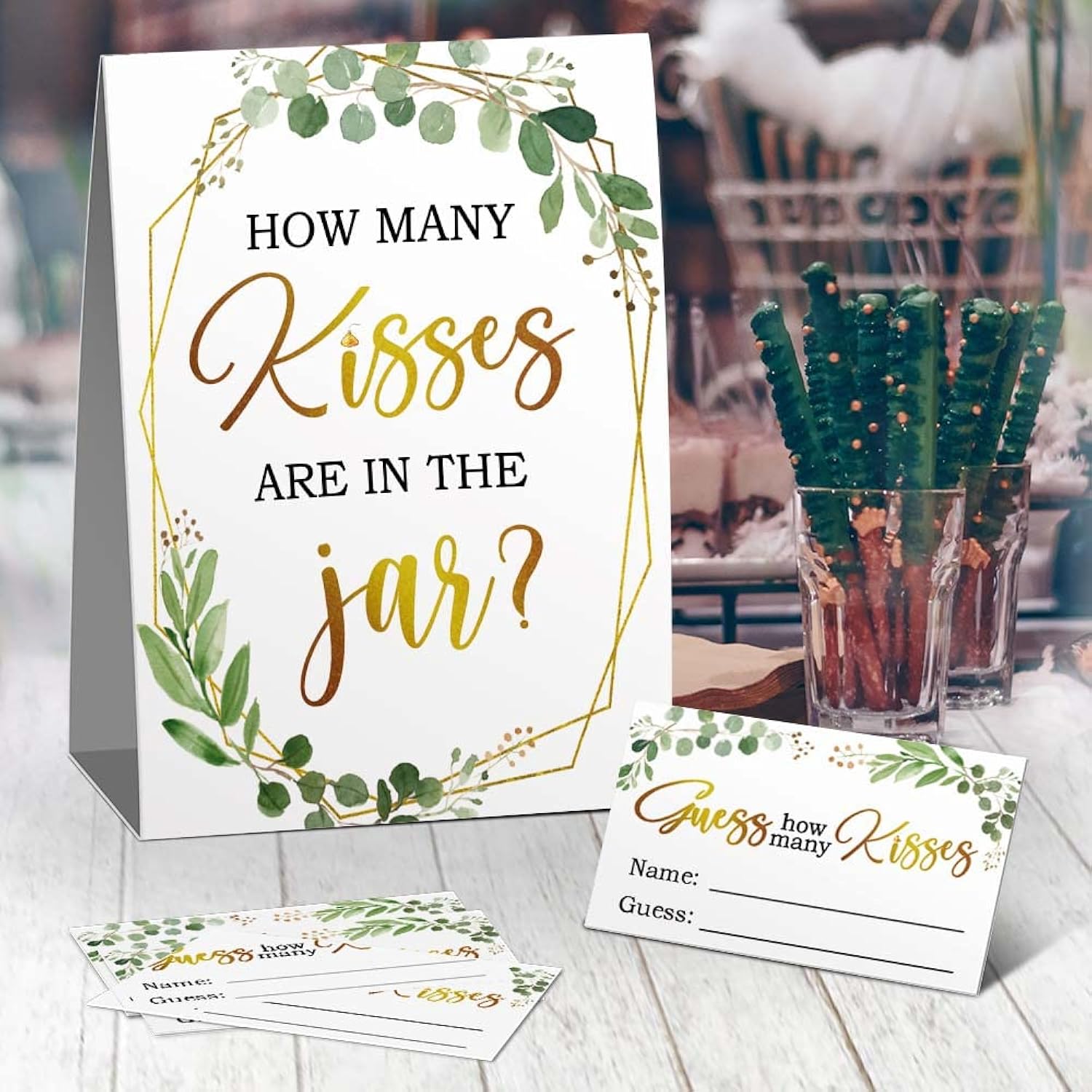 Guess How Many Kisses Are In The Jar Game, Eucalyptus How Many Kisses Baby Shower Cards Kit(1 Standing Sign + 50 Guessing Cards), Guess How Many Kisses Insert Ticket