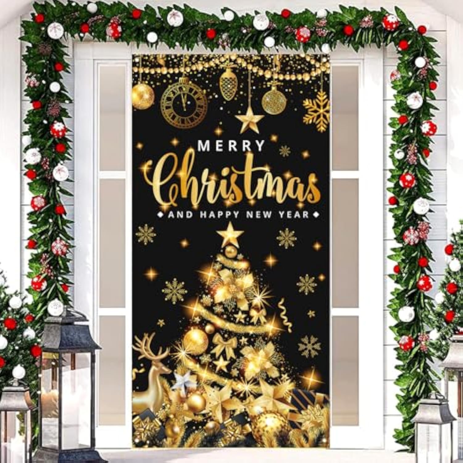 Large Size Merry Christmas & Happy New Year Party Banner, Black Gold, 71X35 Inches