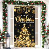 Large Size Merry Christmas & Happy New Year Party Banner, Black Gold, 71X35 Inches