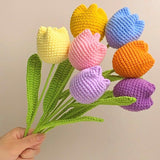 7 Pieces Completed Crochet Flowers Bouquet Hand-Knitted Tulip Artificial Wool Flower For Mother'S Day Birthday Wedding Home Decor