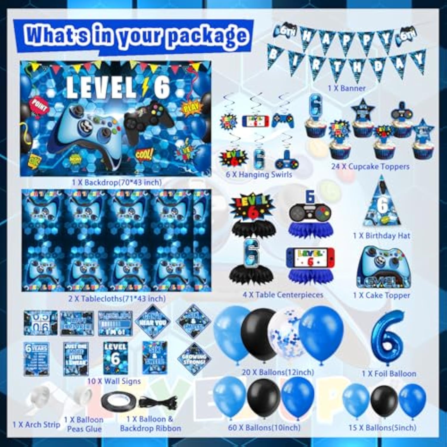 149Pcs 6th Birthday Decorations Video Game Theme for Boys with Banners, Balloons & More