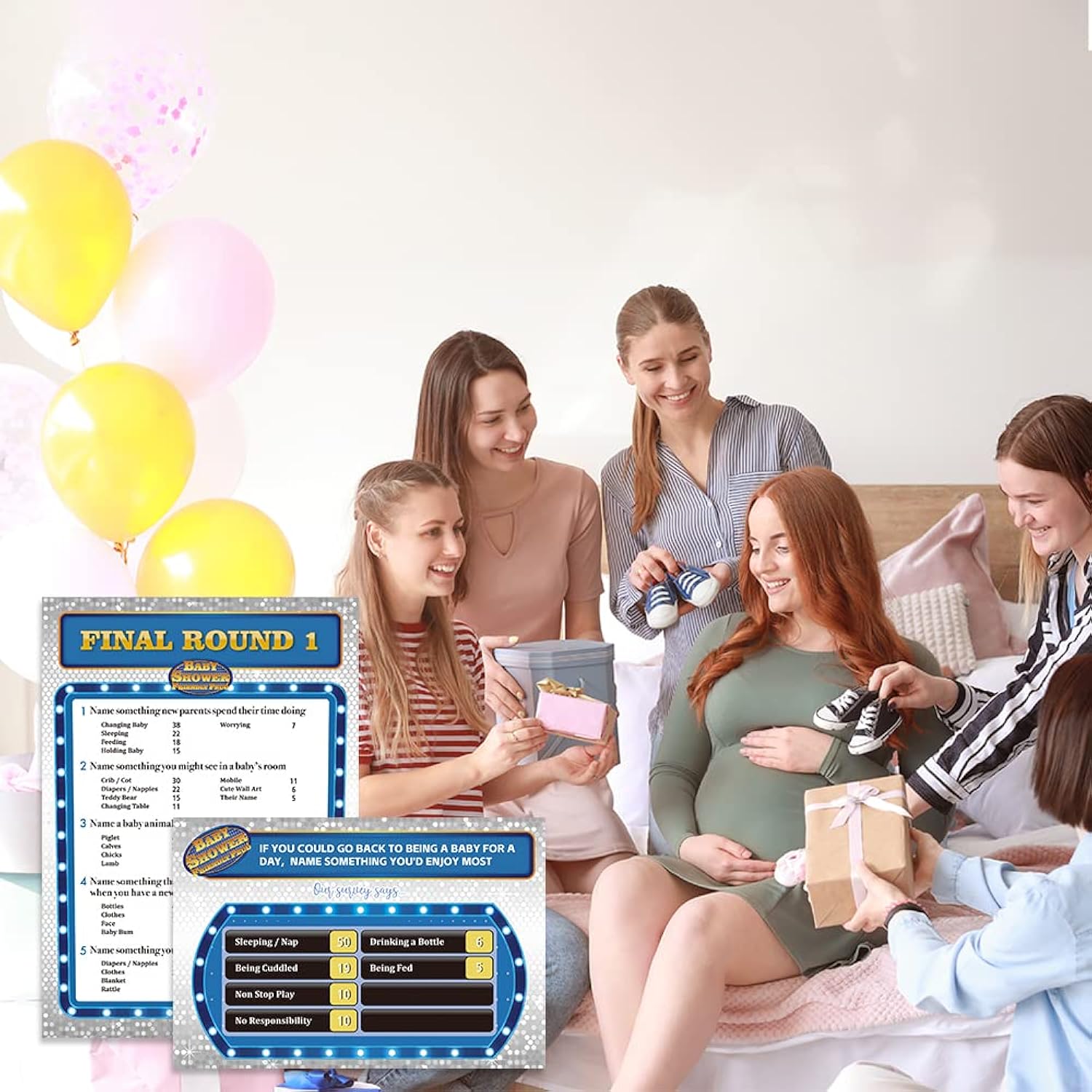 Baby Shower Friendly Feud Game,Gender Neutral Decorations, Babyshower Feud Quiz, Babyshower Decorations,Baby Shower Game Night, 2 Instruction Cards + 12 Preliminaries Cards + 3 Final Cards-Sqbs02