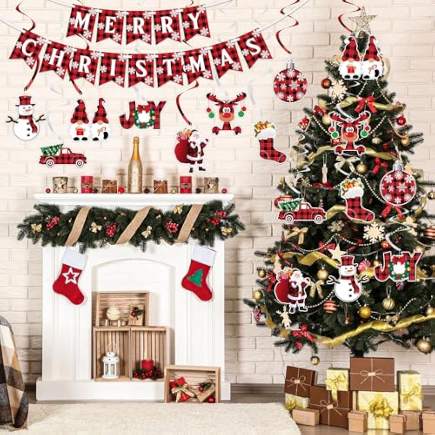 Christmas Hanging Swirls Decorations - No Diy - Buffalo Plaid Merry Christmas Banner Christmas Ceiling Hanging Streamers, Xmas Hanging Decorations Indoor For Office Christmas Holiday Party Decorations