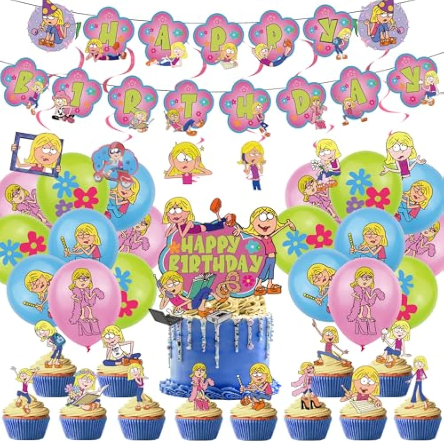 Cartoon Girls Birthday Party Decoration, Include Birthday Banner, Cake Topper, Latex Balloons, Hanging Swirls, For Lizzie Theme Kids Fans Party Supplies Favors
