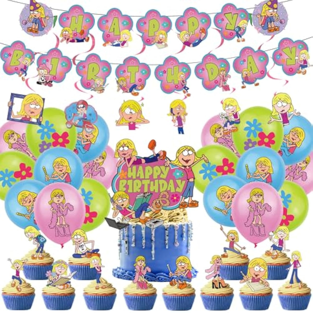Cartoon Girls Birthday Party Decoration, Include Birthday Banner, Cake Topper, Latex Balloons, Hanging Swirls, For Lizzie Theme Kids Fans Party Supplies Favors