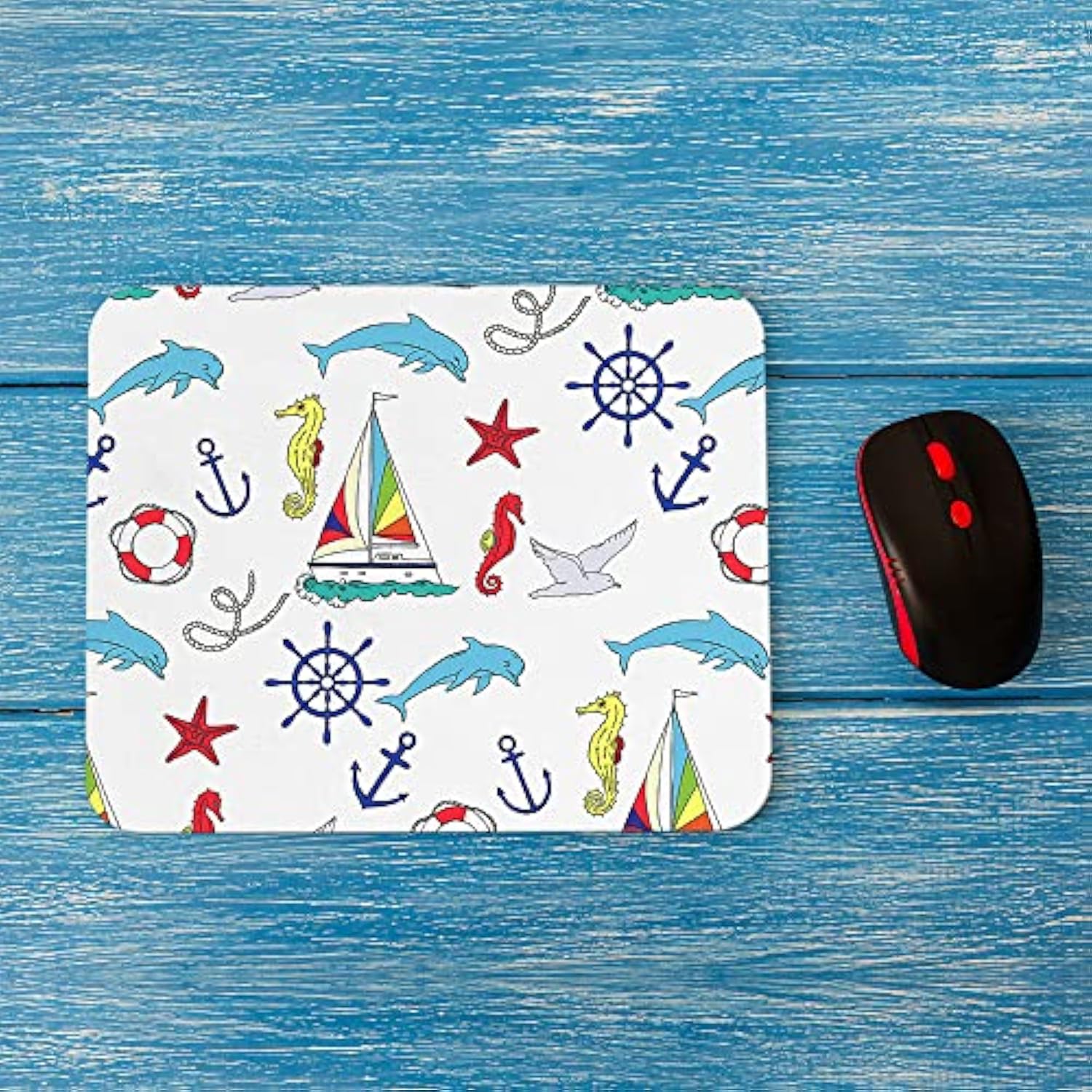 Nautical Pattern Mouse Pad Non-Slip Natural Rubber Base, 9.5X7.9 Inch Cute Ships And Seahorse Boats Dolphin Computer Mousepad Mouse Pads For Computers, Laptop, Gaming, Office & Home