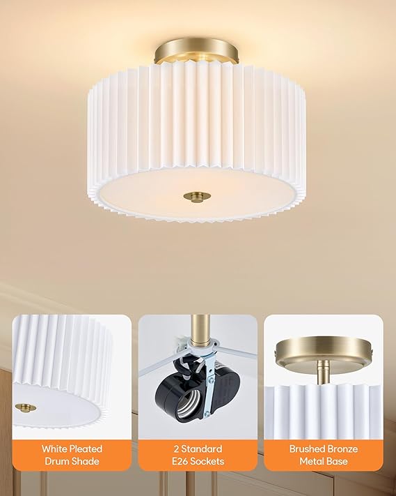 12.2 Inch Semi Flush Mount Ceiling Light Bronze Finish with Pleated White Shade