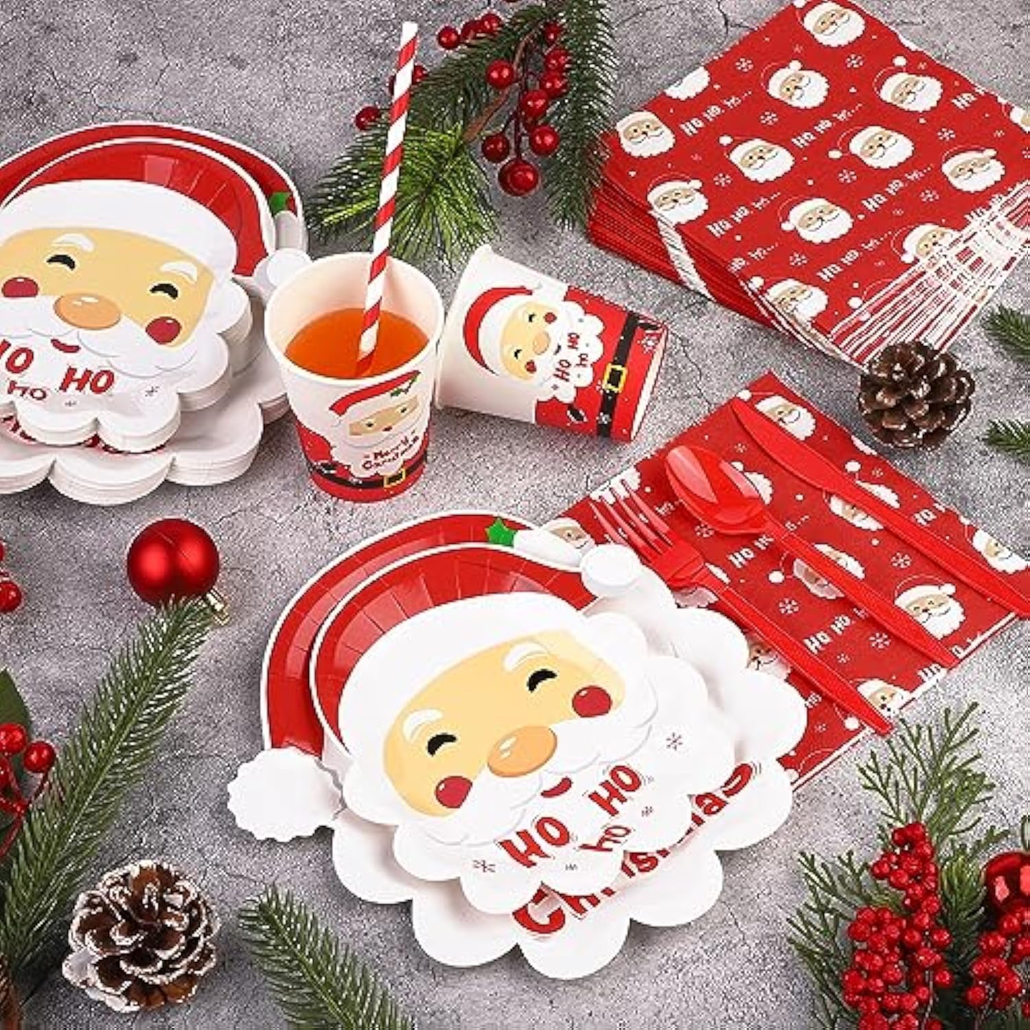 200 Pieces Christmas Santa Party Supplies Tableware Set Include Disposable Paper Plates Cups Napkins Cutlery Straws With Merry Christmas Ho Ho Ho Santa For 25 Guests Dinnerware Holiday