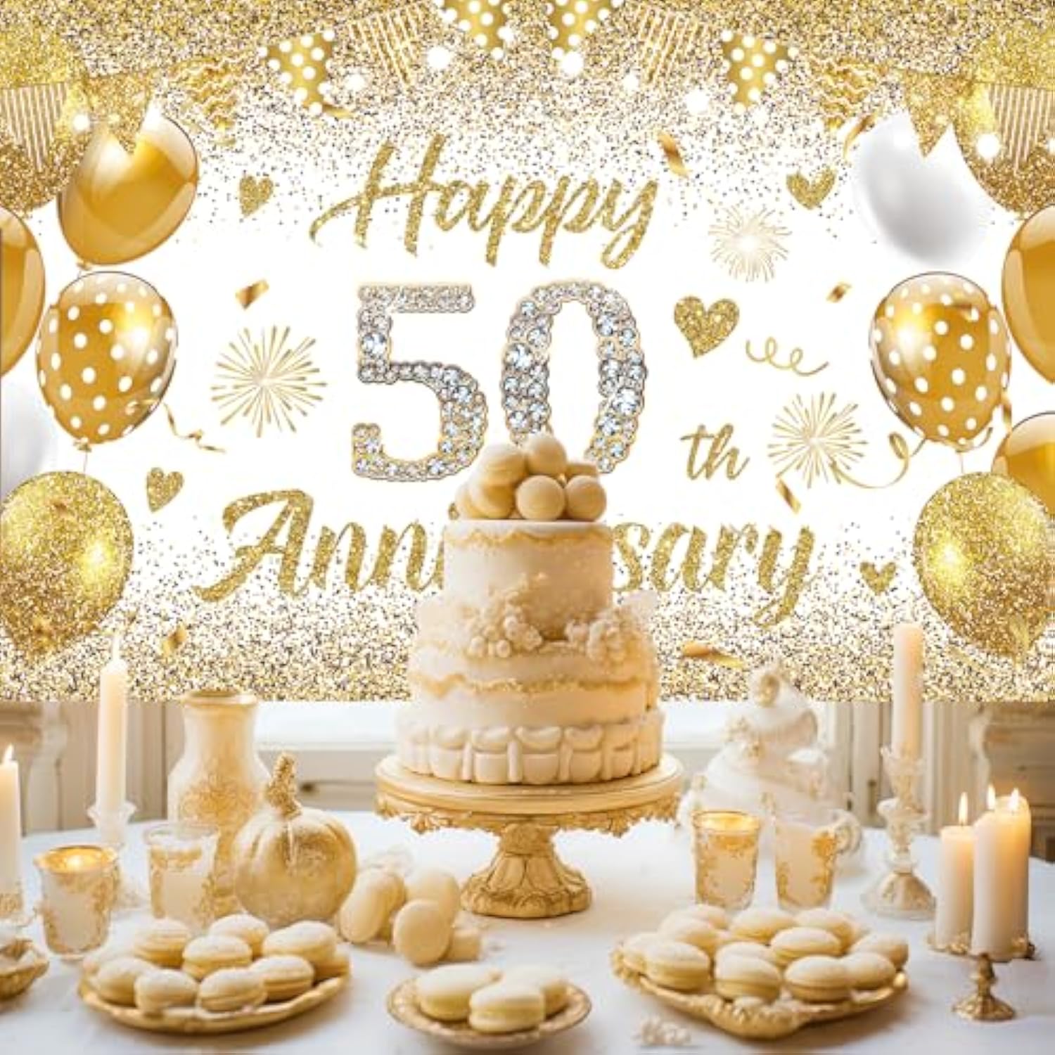 50Th Wedding Anniversary Banner Decorations, White Gold Happy 50 Anniversary Party Supplies, Golden 50 Th Wedding Anniversary Decorations Decor Poster Photography For Backdrop 72.8X43.3 Inches