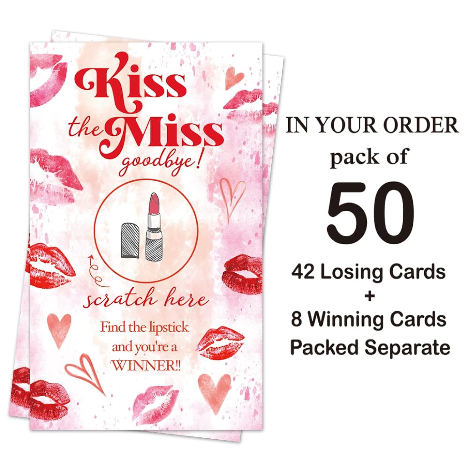 50 Pack Kiss The Miss Goodbye Scratch Off Cards, Lipstick Scratch Game For Bachelor Party Games, Country Wedding Bridal Shower Valentine'S Day Party Lottery Tickets, Wedding Shower Ideas