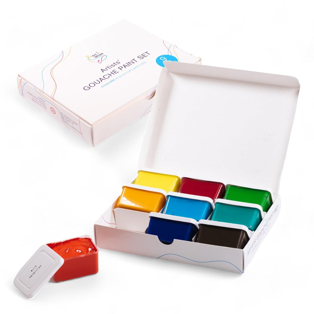 Gouache Paint Set 9 Basic Colors (50Ml/1.7Oz) Cups With Lids | Intense Pigments, Refillable (9 Pcs.)