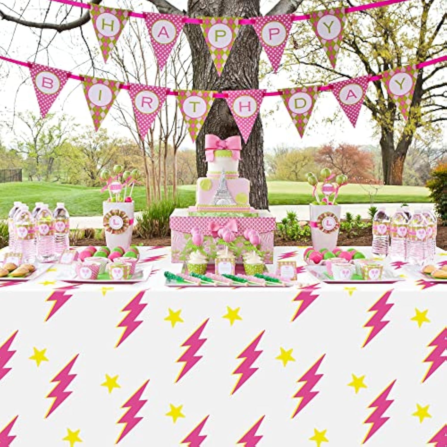 3Pcs Preppy Pink Lighting Bolt Party Tablecloths Plastic Rectangle Table Covers Disposable Y2K Tablecloth For Girls Birthday Bachelorette Early 2000S Theme Party Supplies 51.2 X 86.6 In
