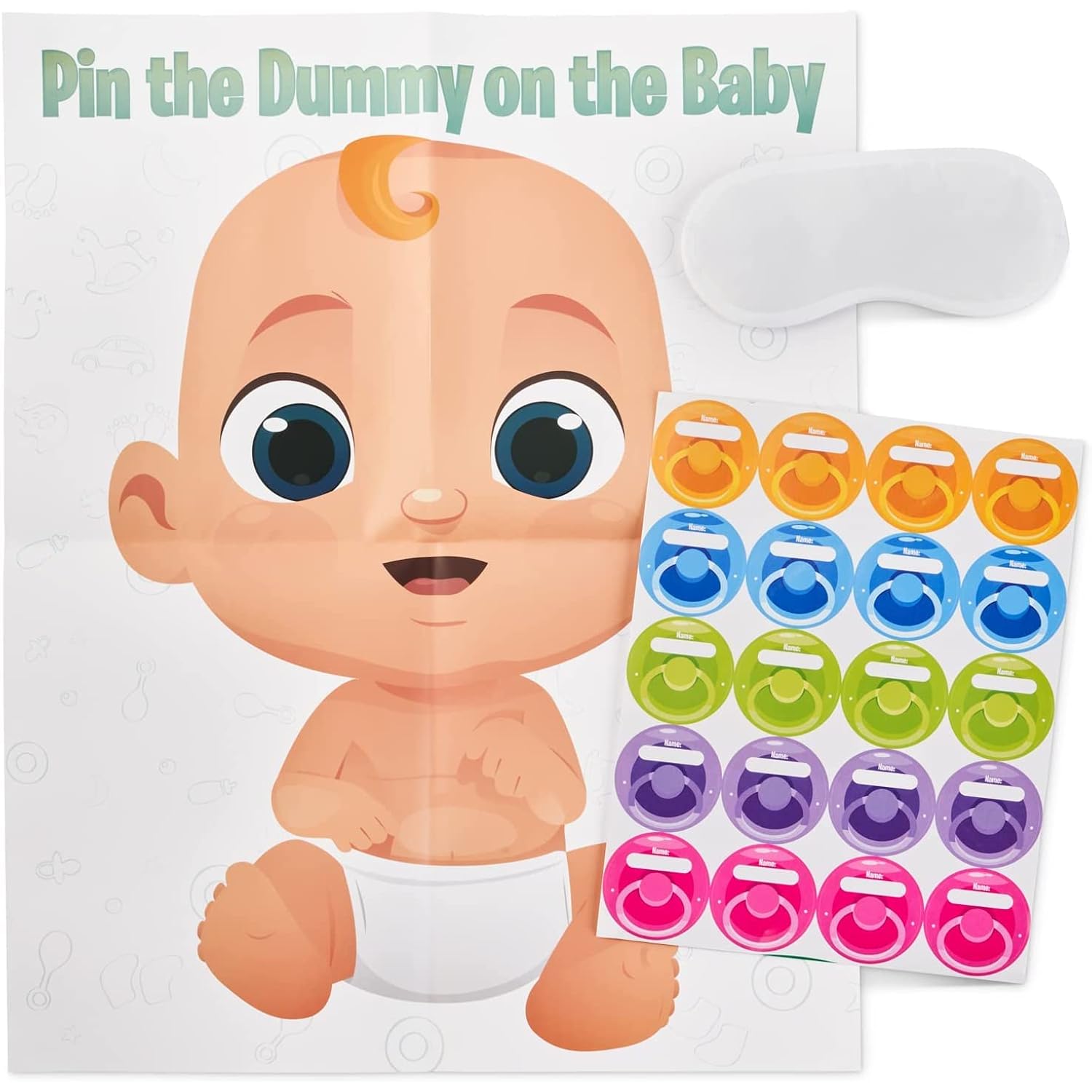 Funny Baby Shower Game - Pin The Pacifier - Includes 24 Stickers, Large Poster And Luxury Blindfold