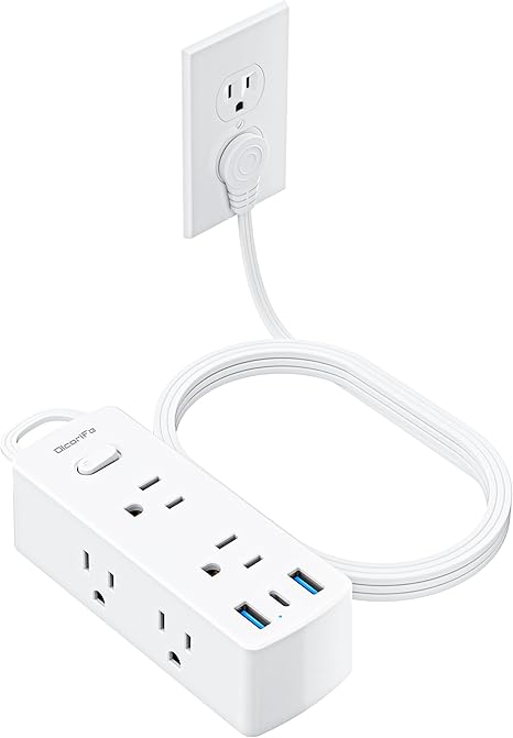 Flat Plug Power Strip with 6 Outlets 3 USB Ports 1 USB C 5FT Extension Cord White