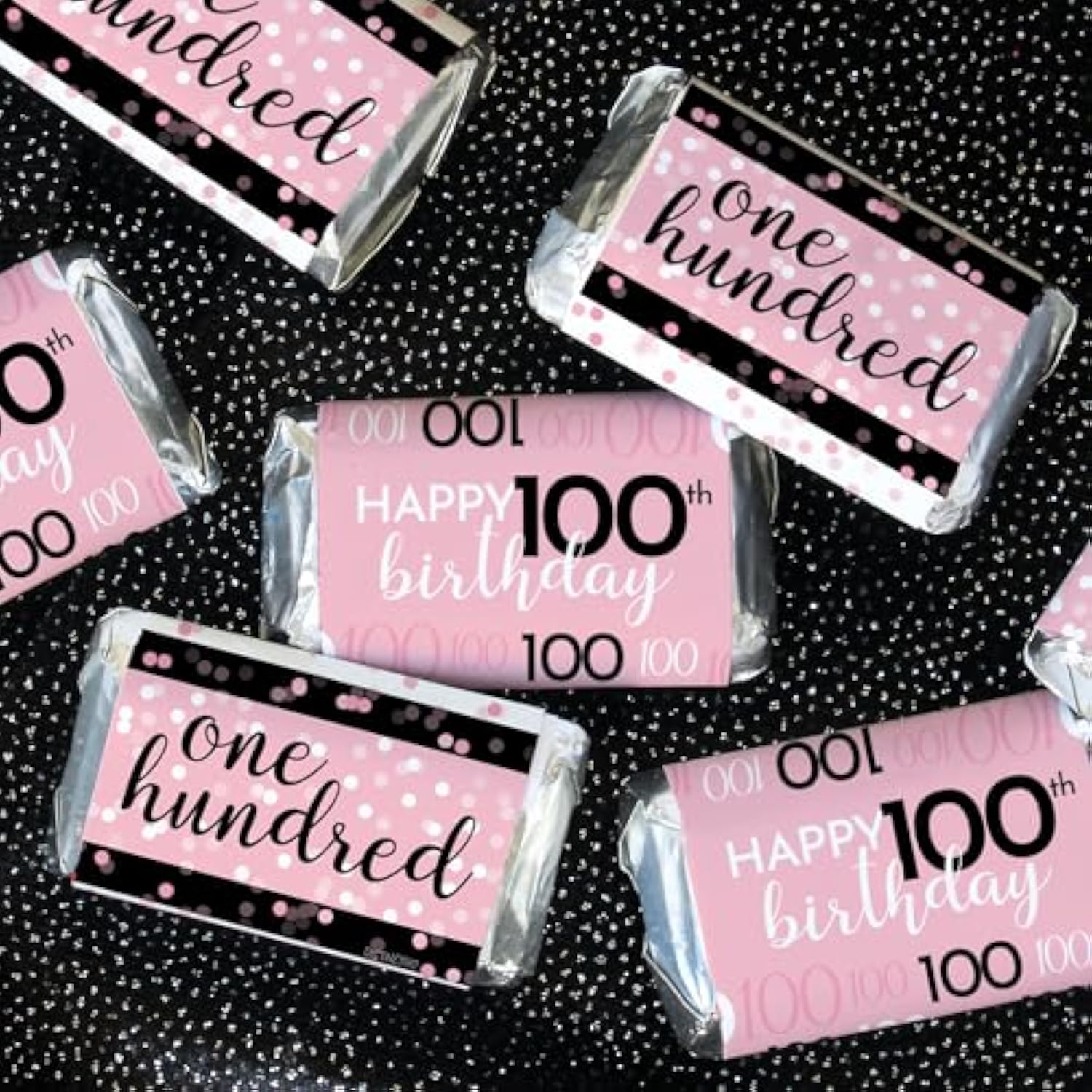 Pink, Black, And White 100Th Birthday Party Mini Candy Bar Wrappers - 42 Count - Pink Birthday Decorations For Women