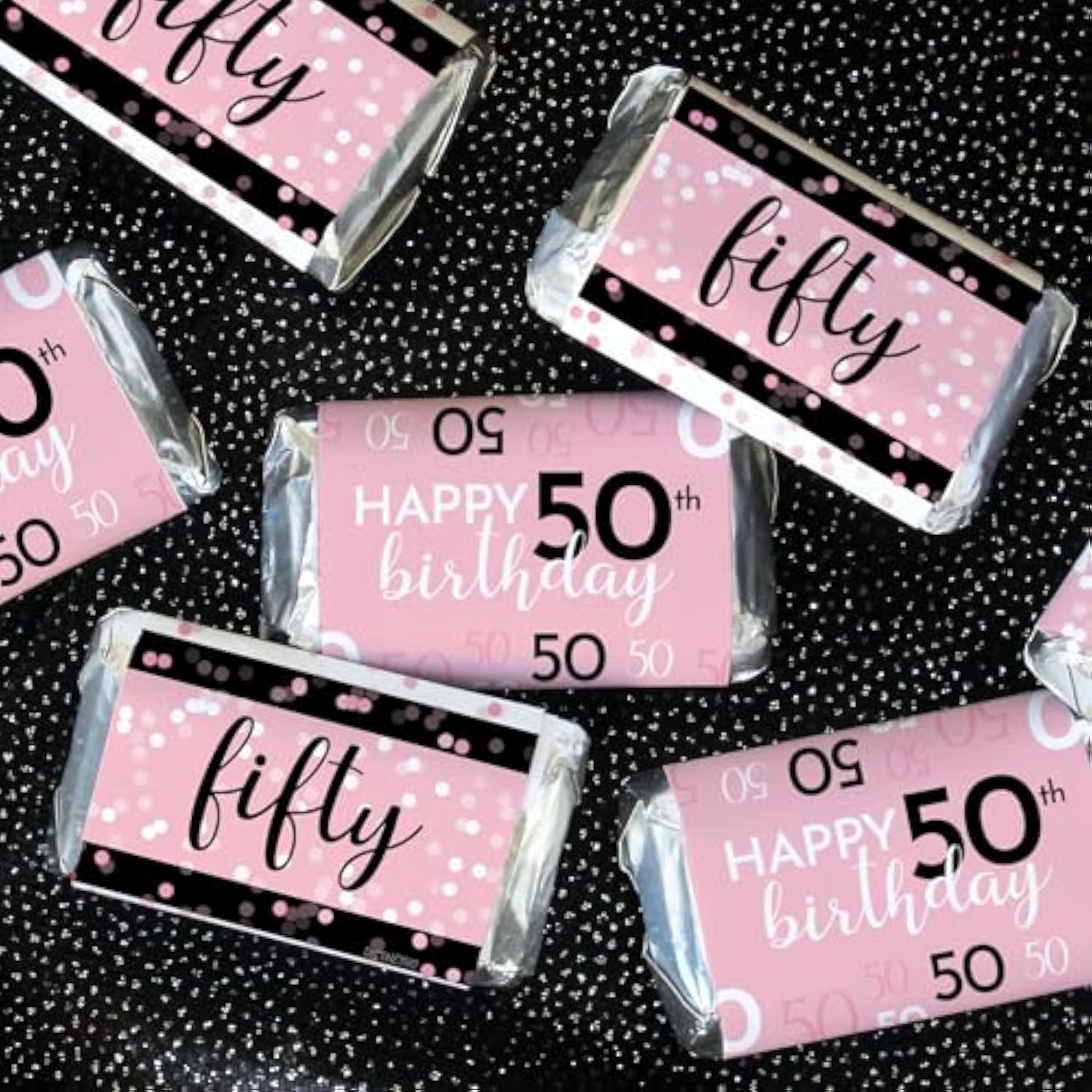 Pink, Black, And White 50Th Birthday Party Mini Candy Bar Wrappers - 42 Count, Pink Birthday Decorations For Women