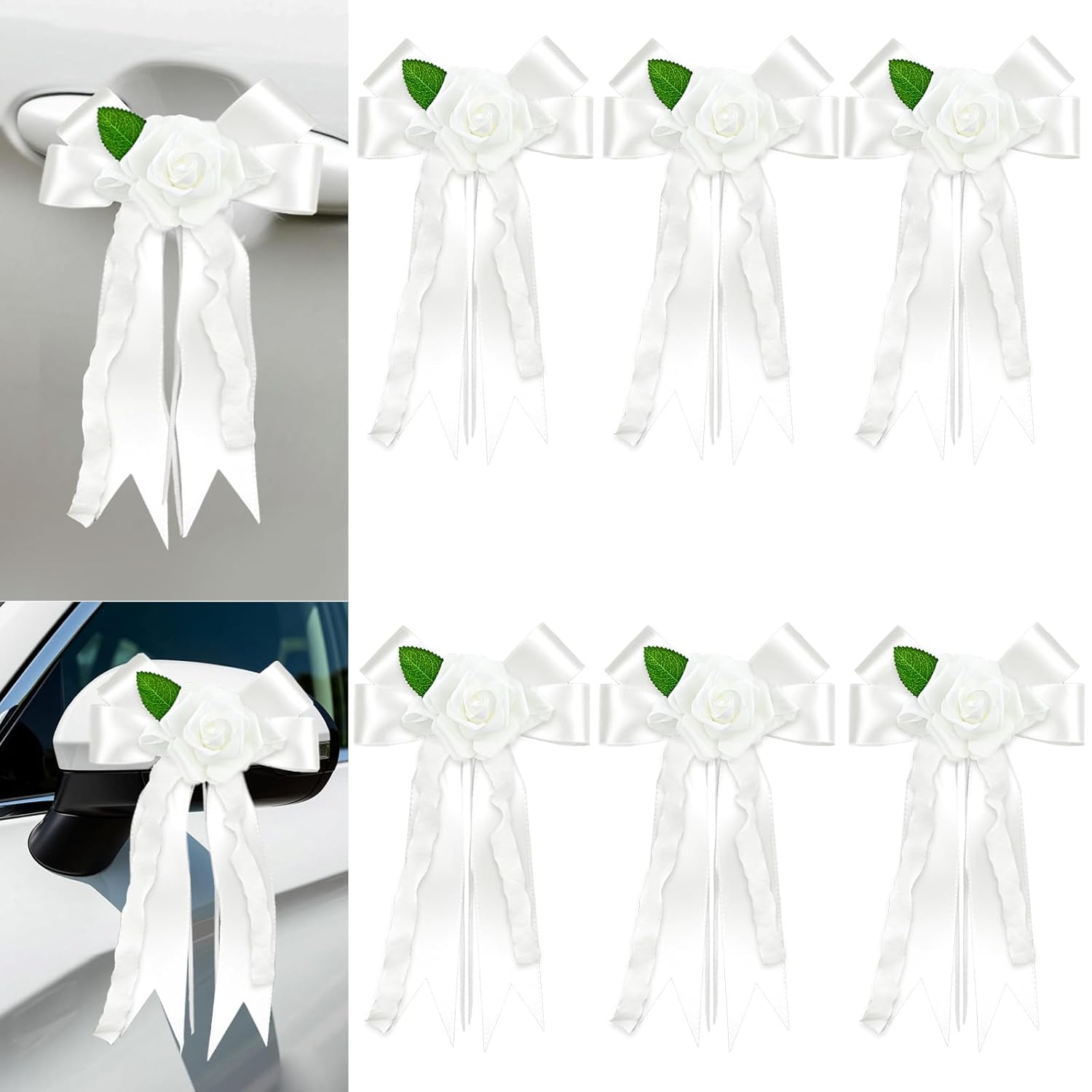 6Pcs Just Married Car Decorations, White Artificial Decorative Flower For Wedding Car Door Handles And Rearview Mirrors