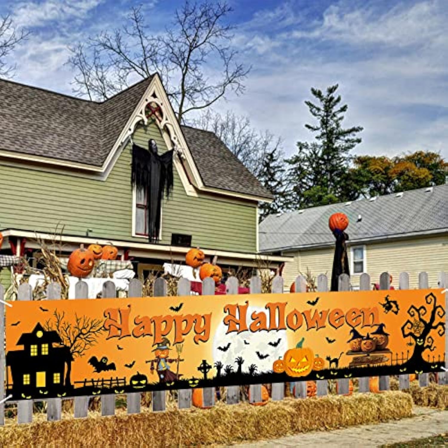 Large Outdoor Halloween Banner Fabric Pumpkin Graveyard Yard Sign Wall Fence Decor