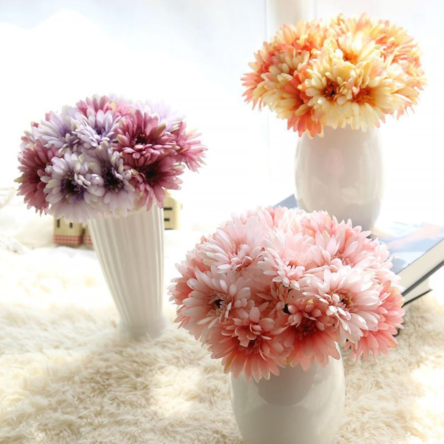 Artificial Gerbera Flower Artificial Daisy Flowers Bride Bridesmaid Holding Flowers 7 Stems Silk Daisies Flower Wedding Bouquet Living Room Office Party Garden Diy Decoration Purple