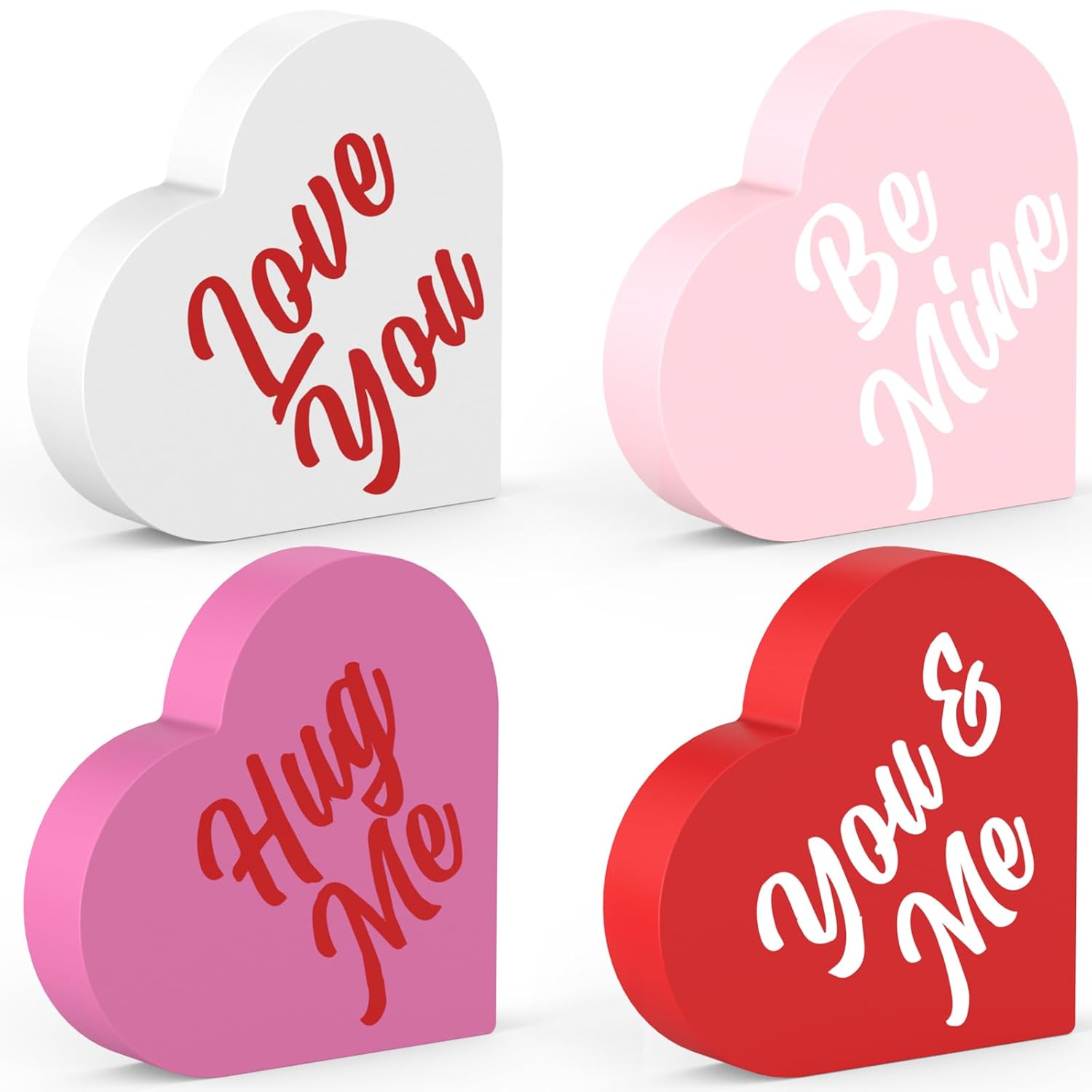 Valentines Day Decorations, 4 Pcs Double Printed Wooden Conversation Hearts Decoration, Romantic Valentines Day Decor For Indoor Home Office Table Tiered Tray Mantel Shelf Bedroom