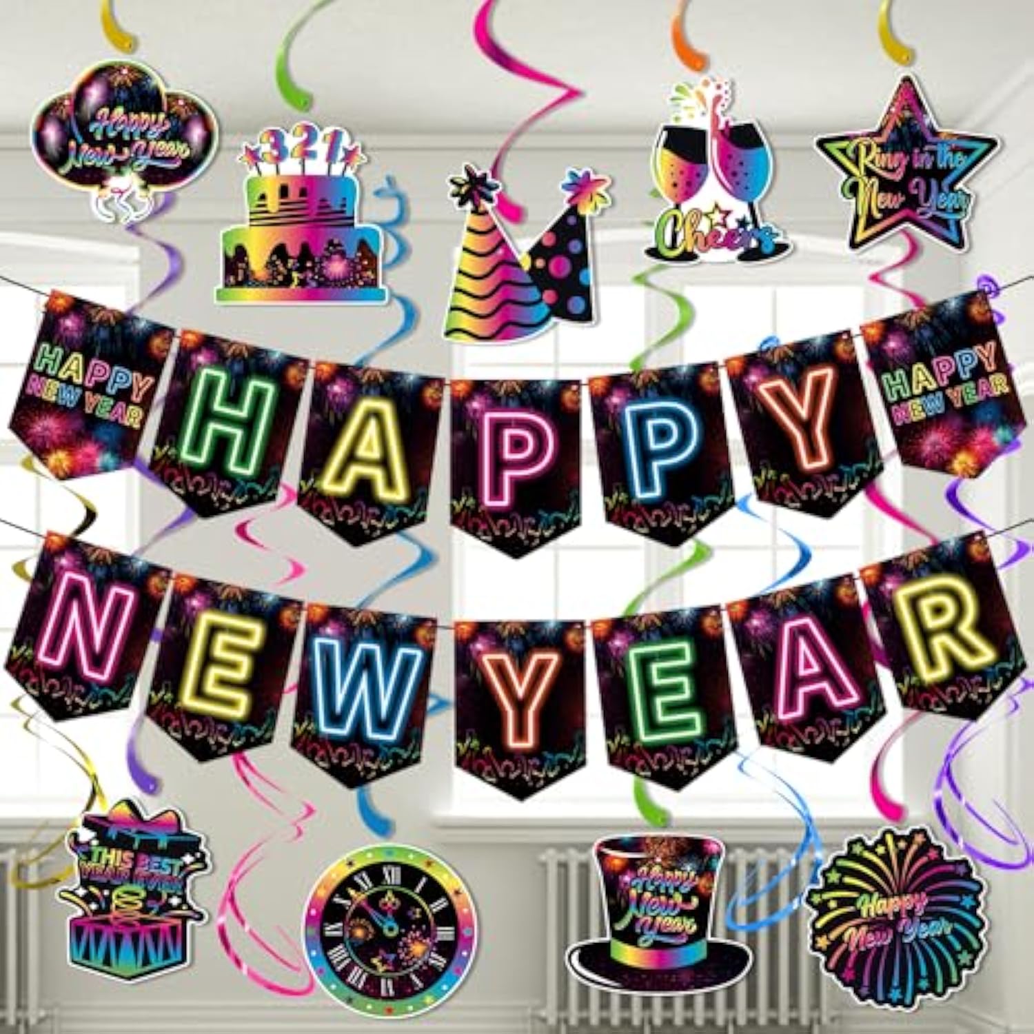 2026 Happy New Year Neon Banner Hanging Swirls Glow Party Decorations