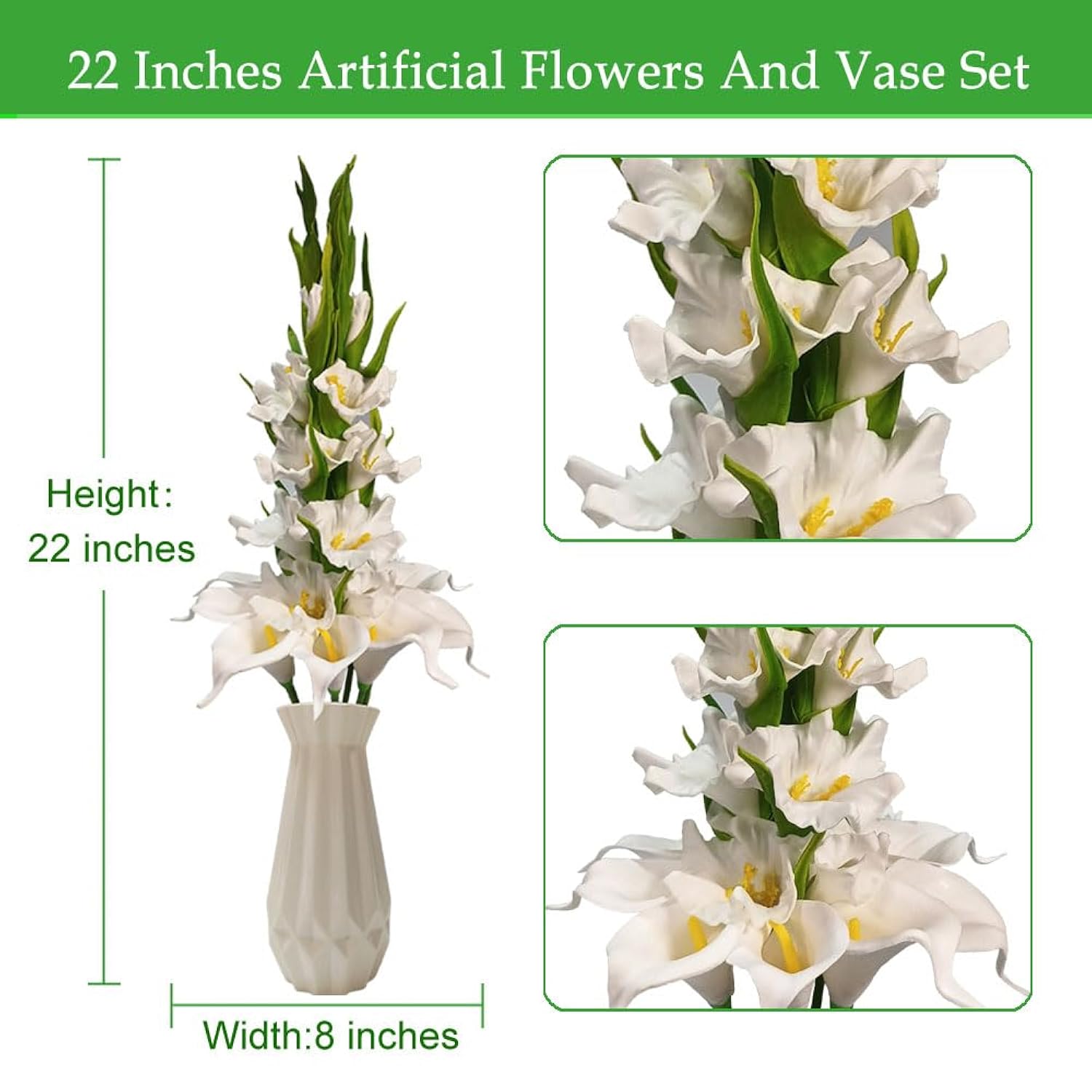 22" Artificial Flowers And Vase Set Indoor Home Decoration,Gladiolus And Zantedeschia Mixed Bouquet Faux Blossom, White Style Fake Flowers,Window Table Shelf Wedding Floral Party Home Decor