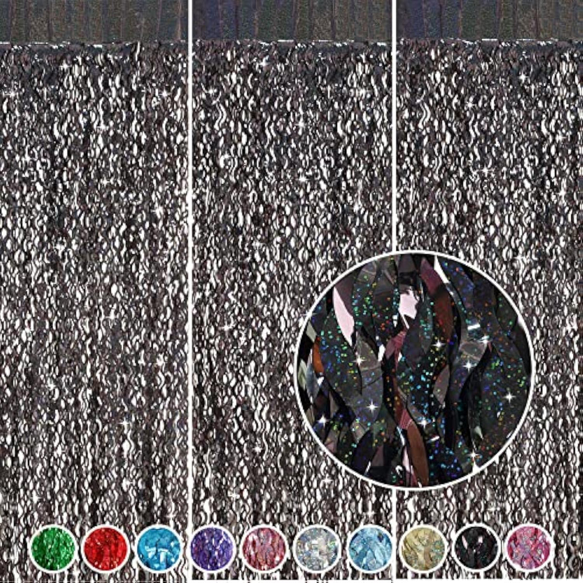 3 Pack Black Foil Fringe Curtains 3.3x6.6ft Sparkle Backdrop for Halloween Party Decor
