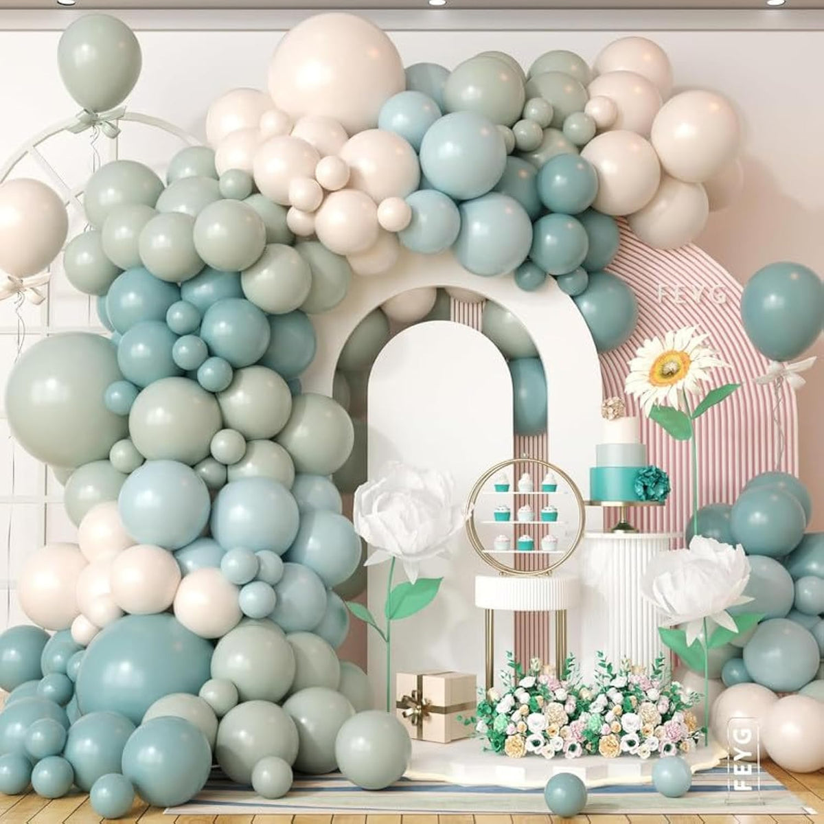 Dusty Green Blue Balloon Arch Kit, Fog Green Dusty Water Blue Beige Ivory Latex Balloons Garland Kit For Women Men Neutral Birthday Wedding Baby Bridal Shower Jungle Safari Party Decorations