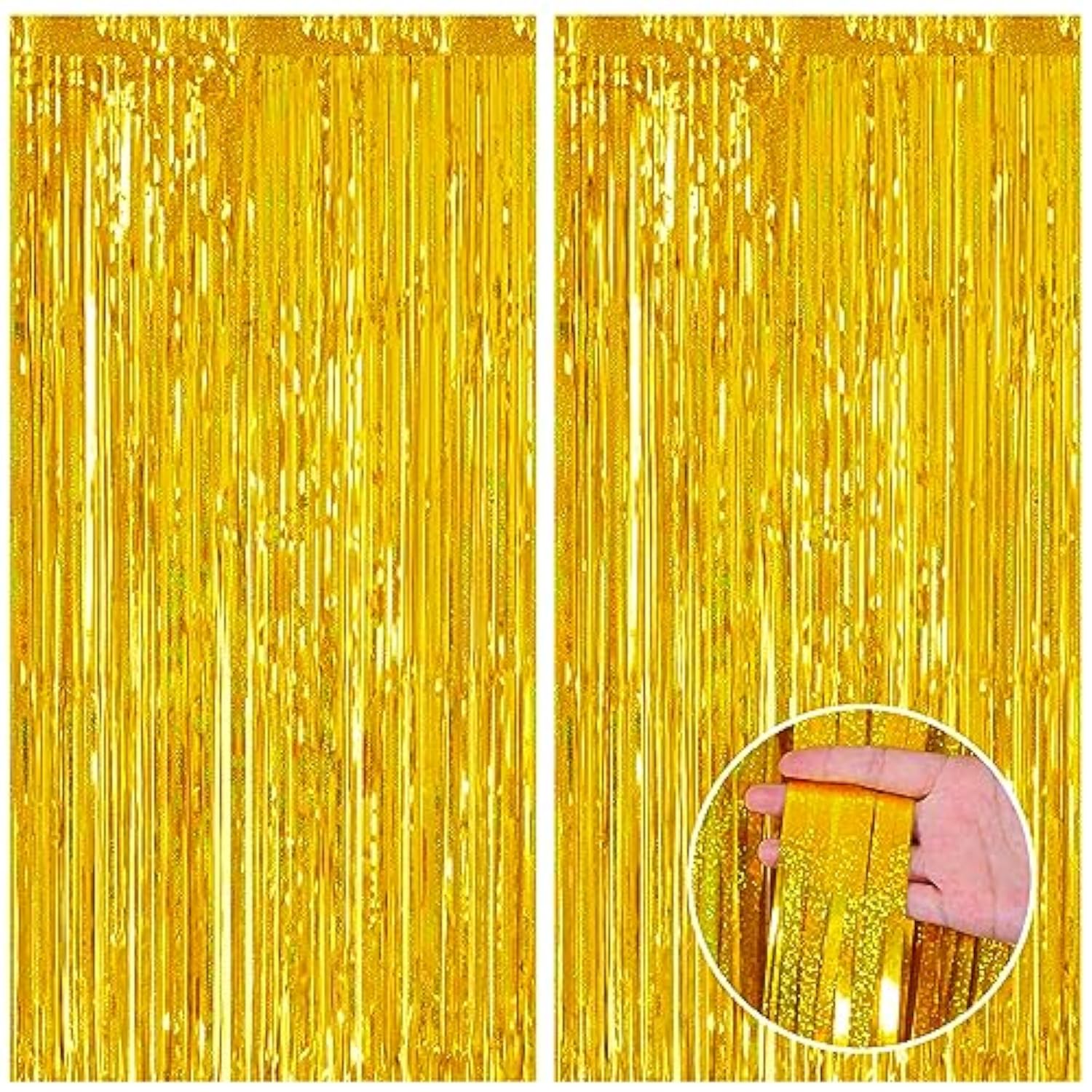 2-Pack Laser Gold Foil Fringe Curtains 3.3x8.2 ft for Party and Photo Backdrop