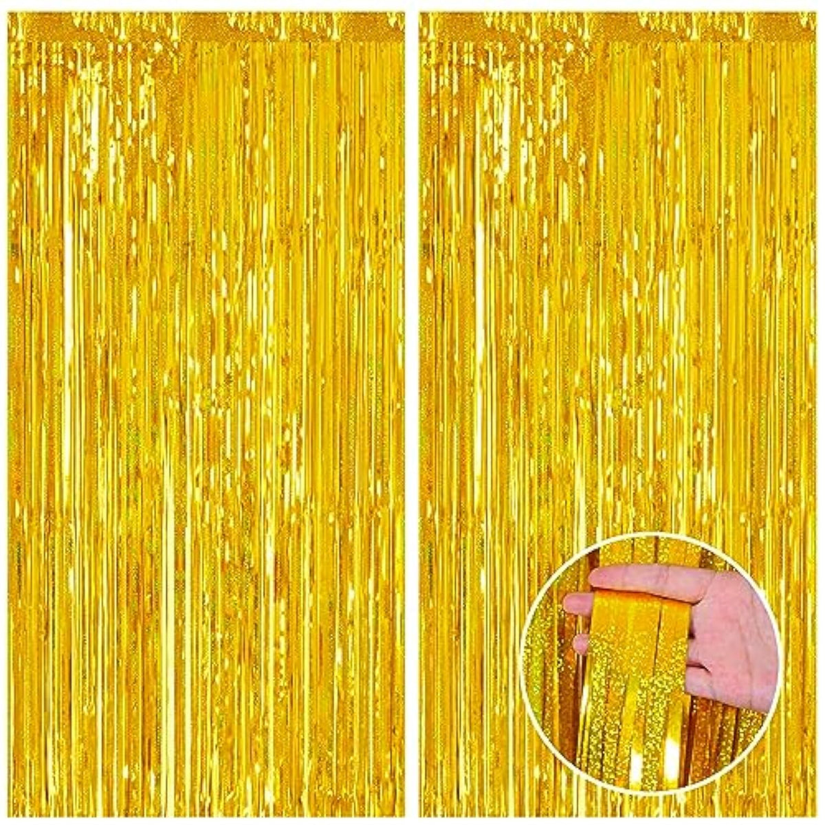 2-Pack Laser Gold Foil Fringe Curtains 3.3x8.2 ft for Party and Photo Backdrop