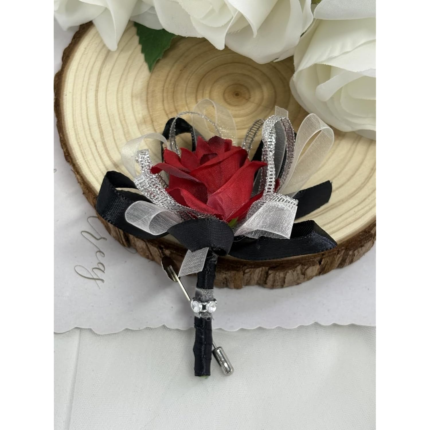 Ting & Cecilly Rose Wedding Corsage And Boutonniere Set, Floral Accessories For Wedding Flower Accessories Prom Suit Decorations (Black & Red)