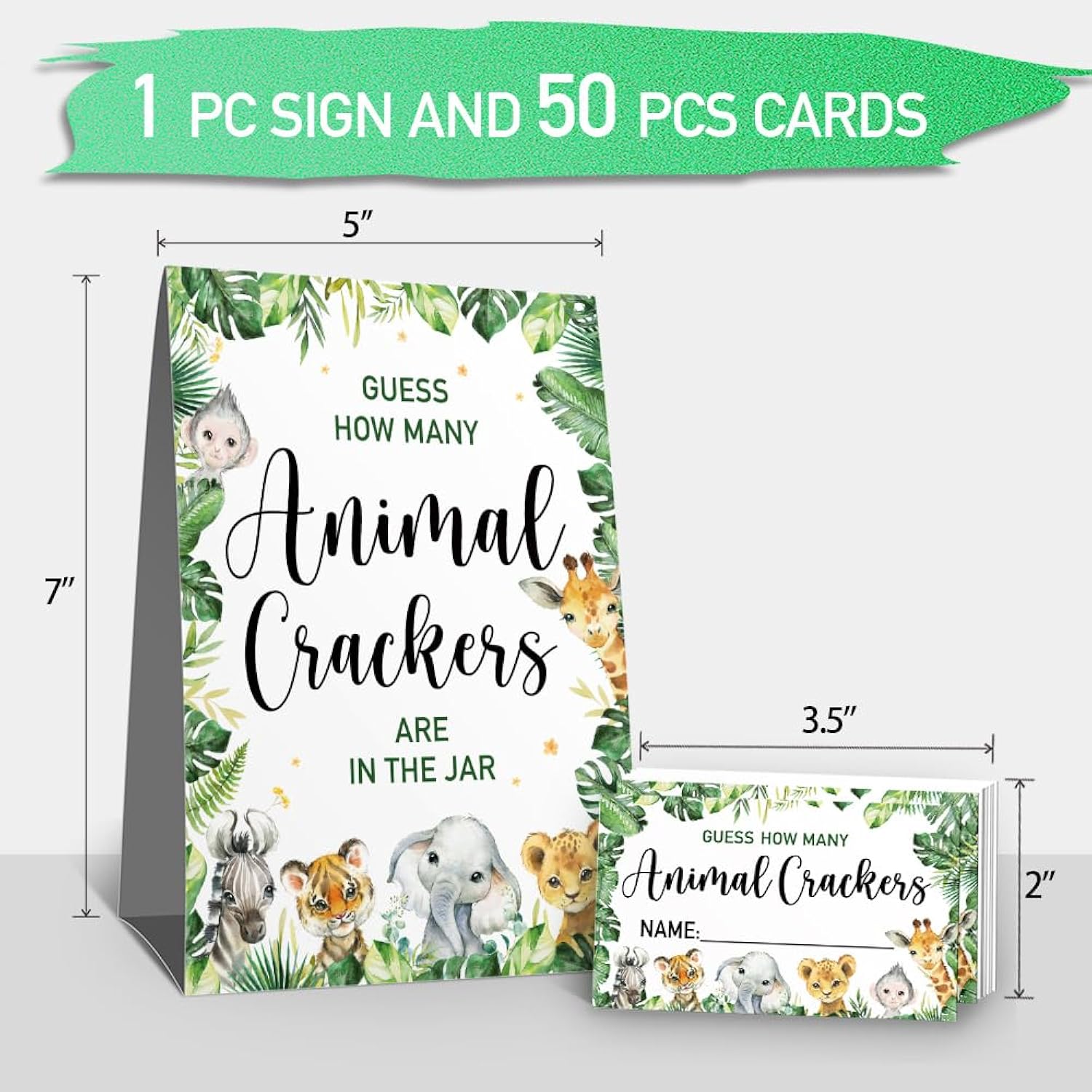 Guess How Many Animal Crackers Baby Shower Game(1 Standing Sign-50 Guessing Cards) Watercolor Woodland Safari Theme Baby Shower Game For Neutral Gender Reveal, Birthday, Christmas