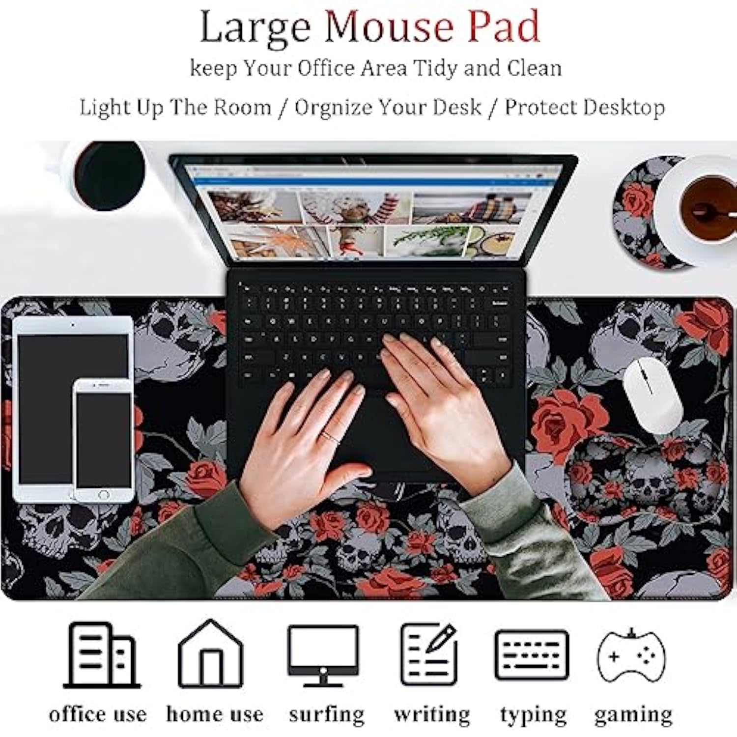 4 In 1 Mouse Pad Combo, Large Gaming Mouse Pad + Keyboard Wrist Support + Mouse Wrist Rest + Coaster, Table Pad With Stitched Edge Memory Foam Ergonomic Wrist Pad Set, Human Skulls Vintage Roses