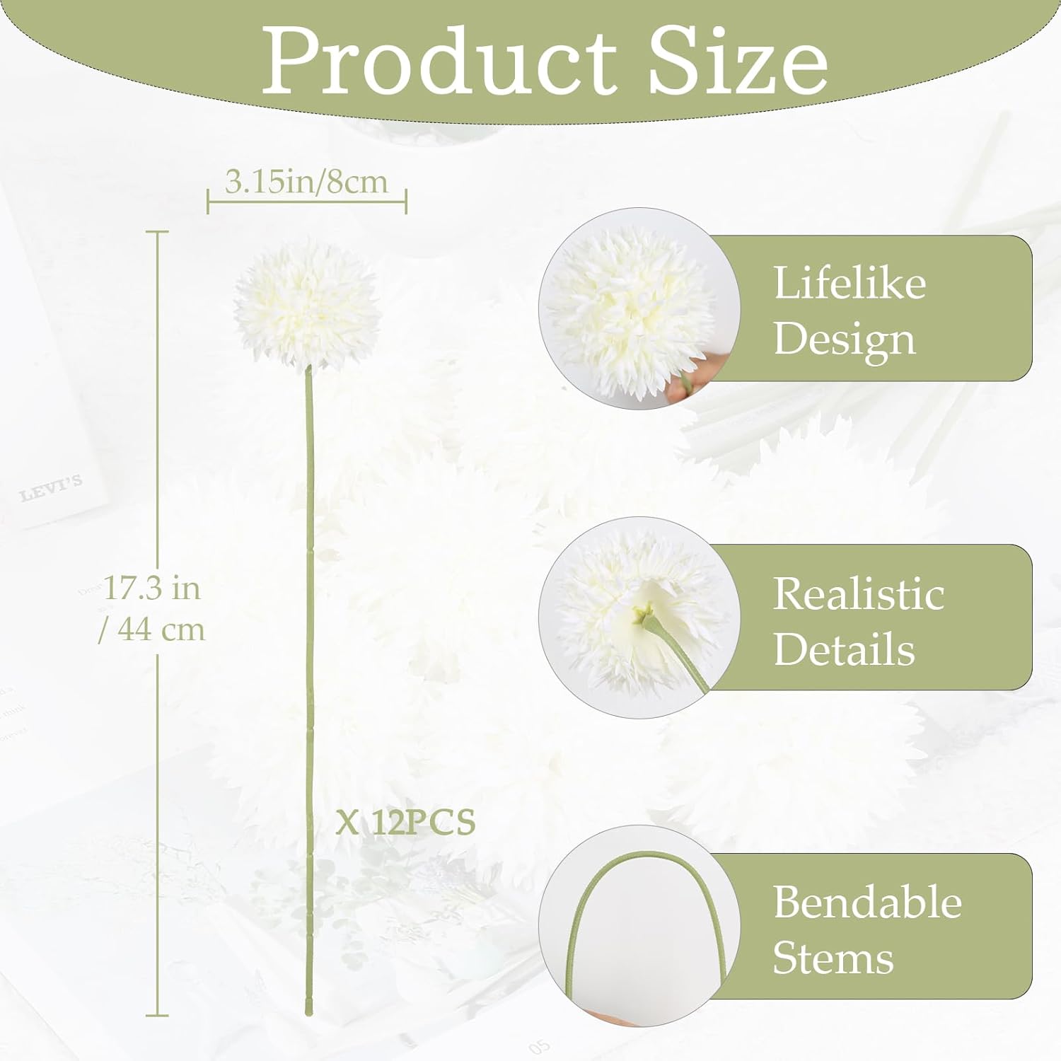 12Pcs White Chrysanthemums Artificial Flowers 17.3’’Long Stem Fake Mums Faux Silk Flowers For Vase Table Centerpiece Home Wedding Party Garden Decoration(White)