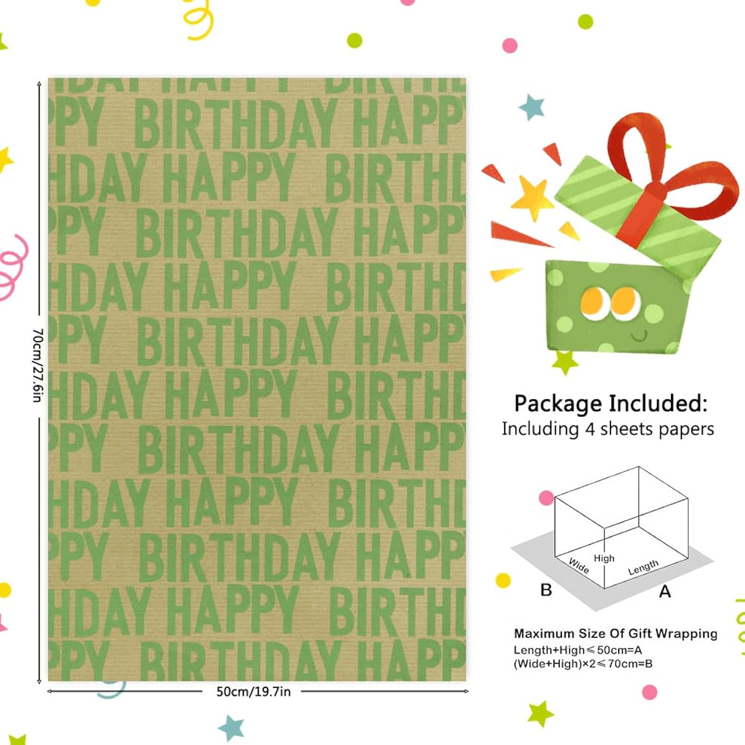 Minimal Soft Grass Green Large Happy Birthday Repeating Script Wrapping Paper 4 Sheets 27.5X19.7 Inch For Men Women Boys Girls Kids Green Enthusiasts-Brown Recycled Kraft Gift Wrap For Baby Shower Daddy Men All Birthday Occasions
