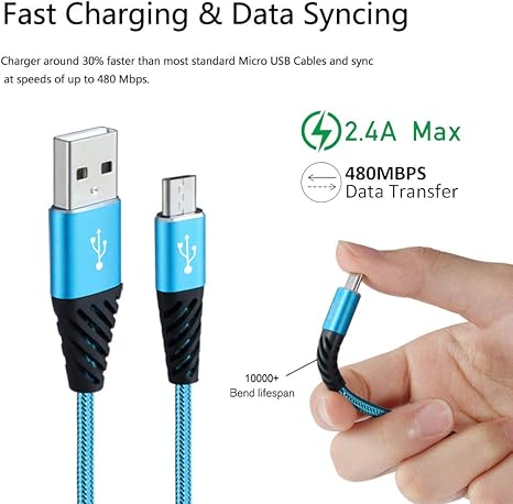 5 Pack 10FT Micro USB Cable Long Fast Charging Braided Cord for Samsung Android PS4 Xbox