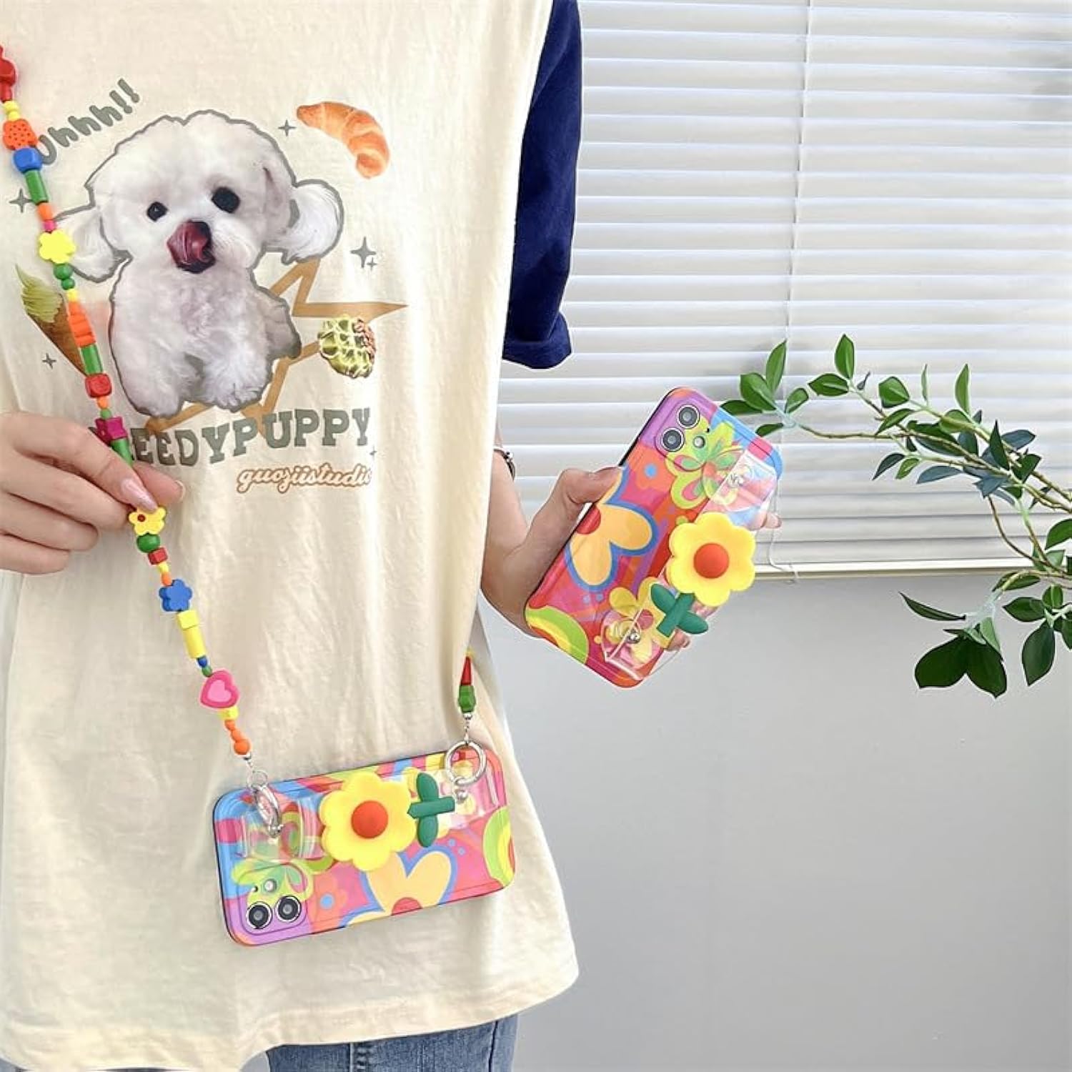 Lanyard Case Compatible With Iphone 15 Case,Crossbody Case With Strap And Wrist Band,Unique Cute Kawaii Colorful Painting Flowers Design For Girls And Women