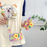 Lanyard Case Compatible With Iphone 15 Case,Crossbody Case With Strap And Wrist Band,Unique Cute Kawaii Colorful Painting Flowers Design For Girls And Women