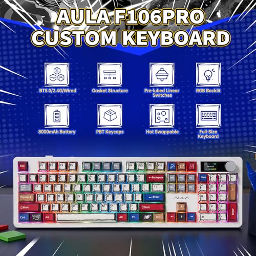 F106 PRO Wireless Mechanical Keyboard,Full Size Gaming Keyboard with Hot Swappable Knob & Screen,Tri-Mode RGB Backlit with 8000mAh for