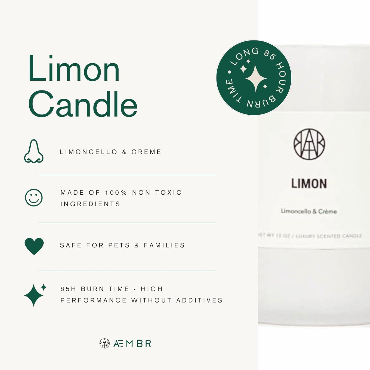 Limon Candle - 85 Hr Burn Time Non-Toxic Plant-Based Coconut Wax - Room-Filling - Limoncello & Cream Scent - Gourmand & Fresh