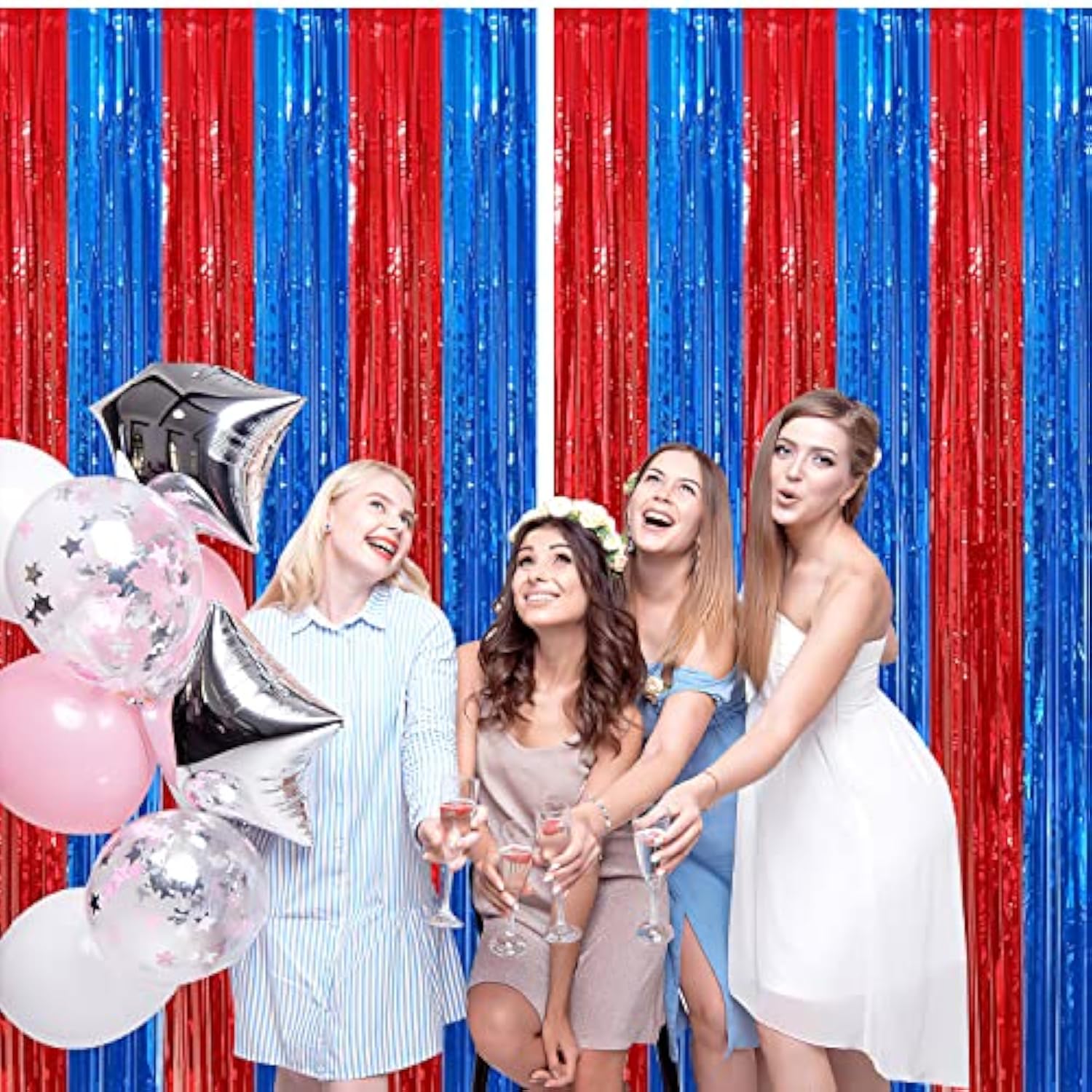 2Pack Red & Blue Foil Fringe Curtains, Tinsel Streamer Backdrops for Party Decor