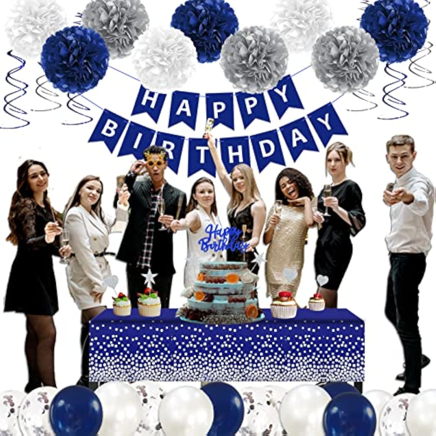 Navy Blue & Silver Men's Birthday Decor Kit with Balloons, Banner, Tablecloth and More