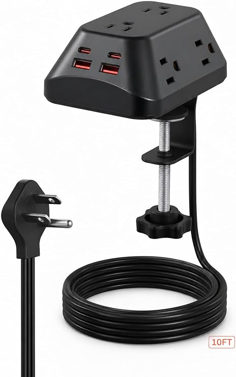 Desk Clamp Power Strip 6 Outlets 4 USB 10FT Cord 1440J Surge Protector